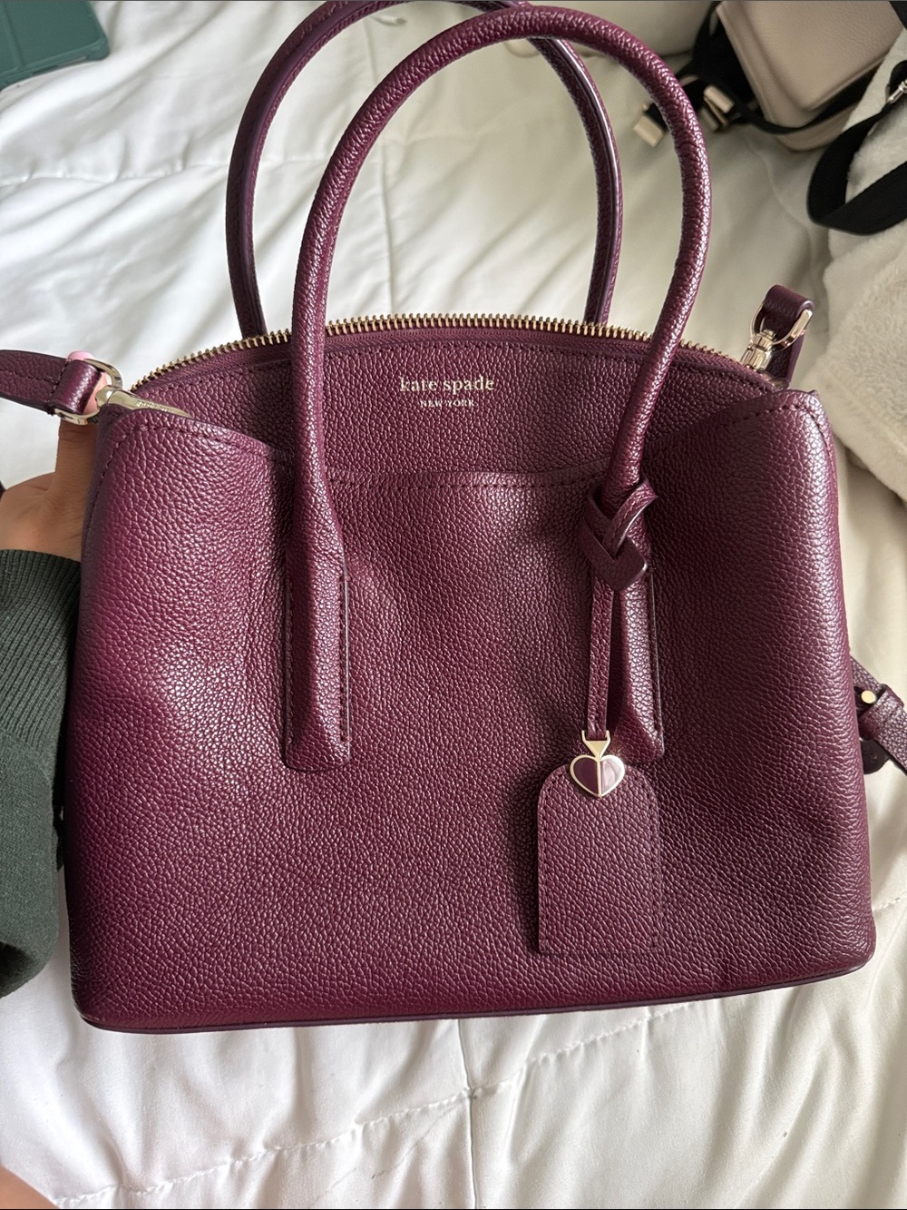 kate spade plum leather satchel with heart hangtag